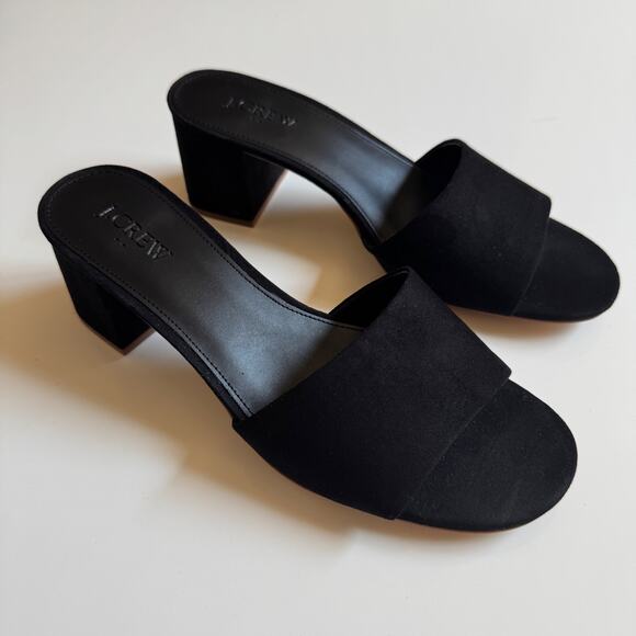 J. Crew Black Suede Slides Block Heels BH858 Size 9 EUC Open Toe Preppy Slip On - Picture 1 of 10